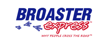 Broaster Express logo. Why people cross the road.